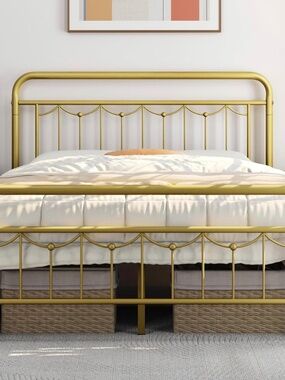 Queen Size Metal Bed Frames with Vintage Headboard and Footboard, Farmhouse Meta